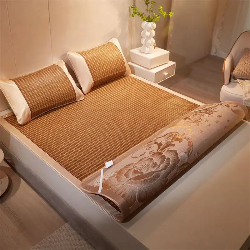 Floral brown woven cooling rattan mat and pillowcase set bedroom bed pad