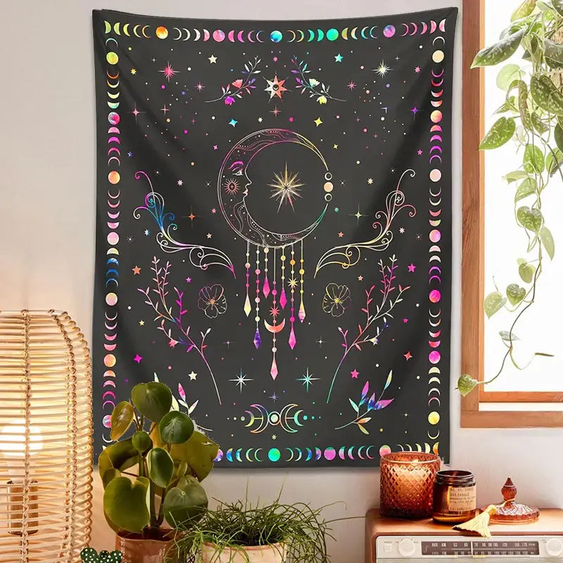 Floral celestial moon phase tapestry bedroom wall decor