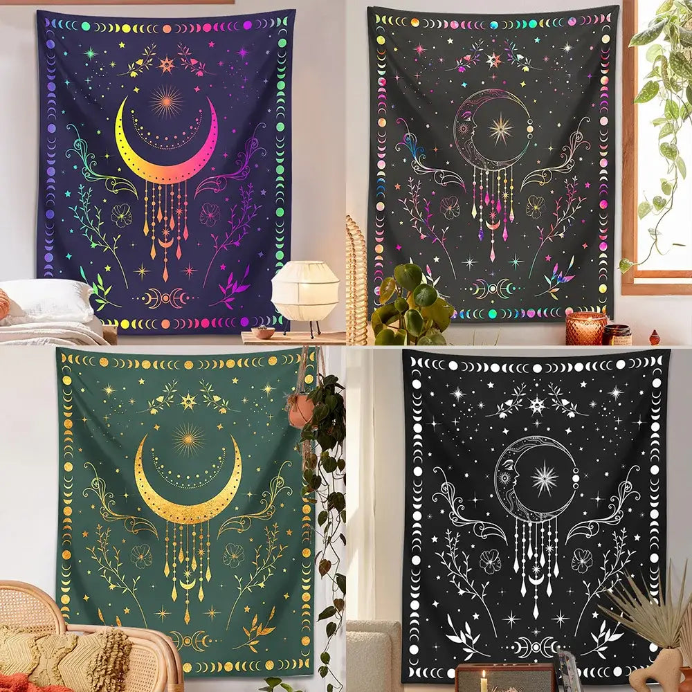 Floral celestial moon phase tapestry bedroom wall decor