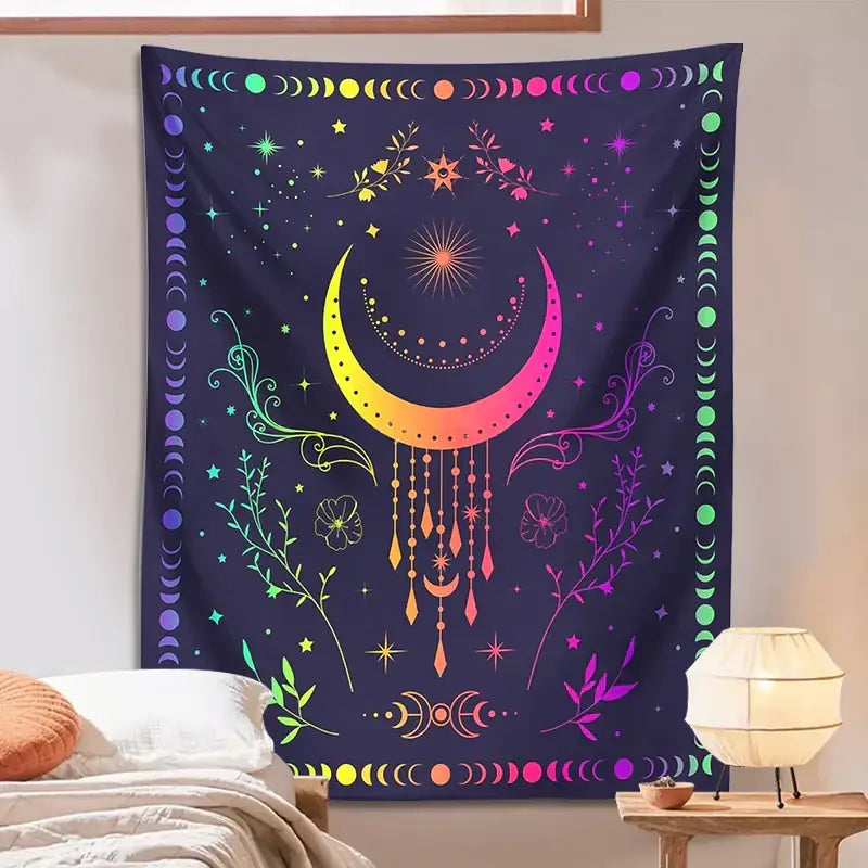 Floral celestial moon phase tapestry bedroom wall decor
