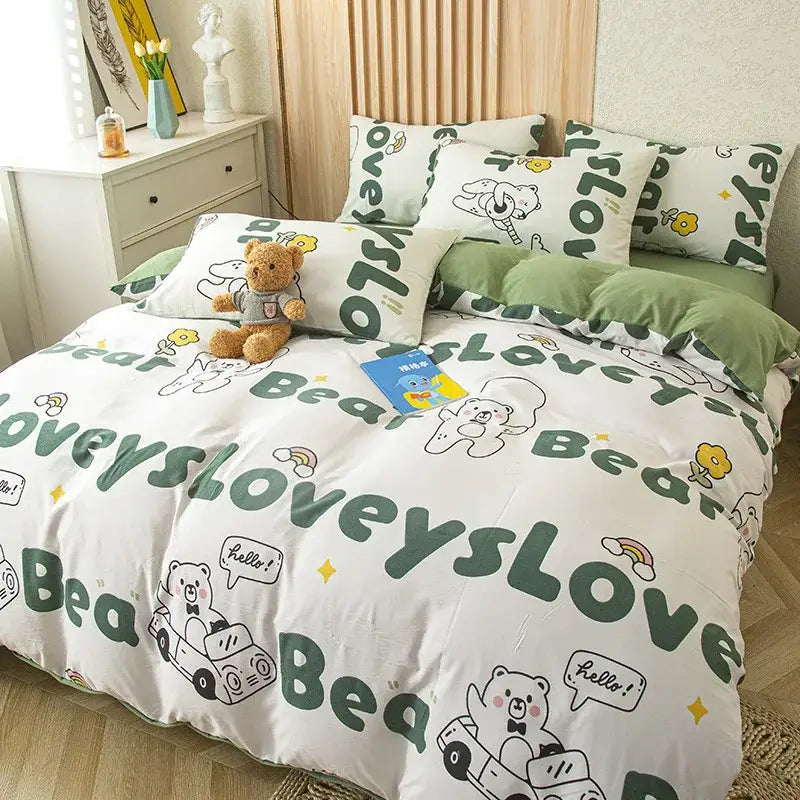 Floral cream cotton bedding set bedroom decorbites cat bear print
