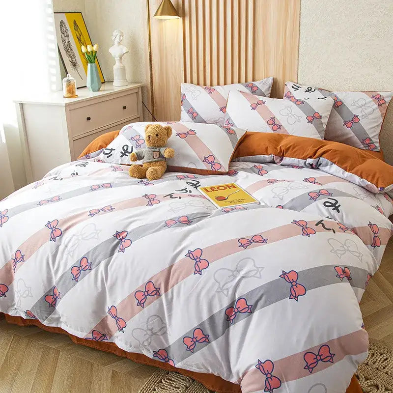 Floral cream cotton bedding set bedroom decorbites cat bear print