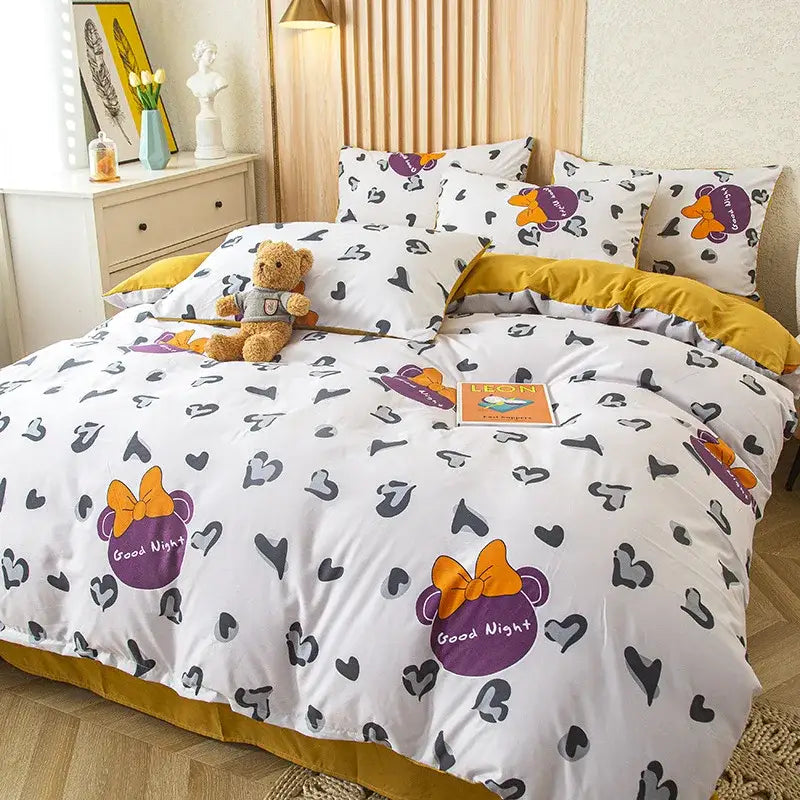 Floral cream cotton bedding set bedroom decorbites cat bear print