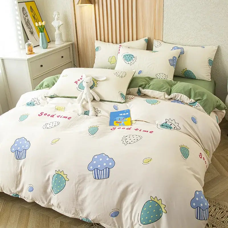 Floral cream cotton bedding set bedroom decorbites cat bear print