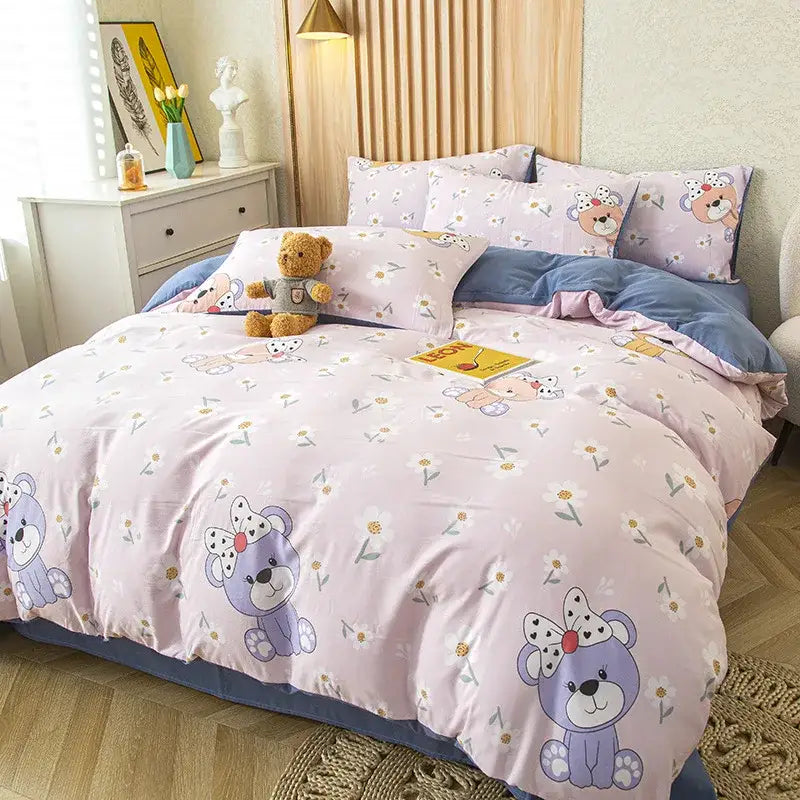 Floral cream cotton bedding set bedroom decorbites cat bear print