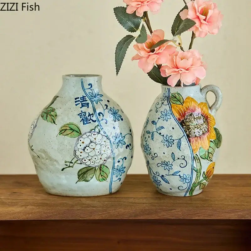 Floral hand painted ceramic vase with artificial flowers living room