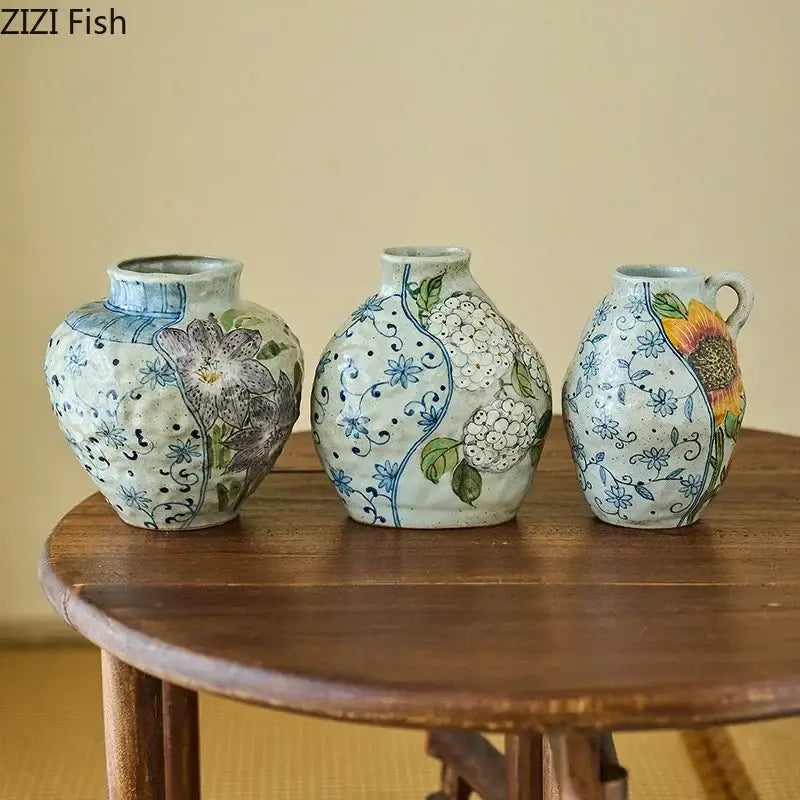 Floral hand painted ceramic vase with artificial flowers living room