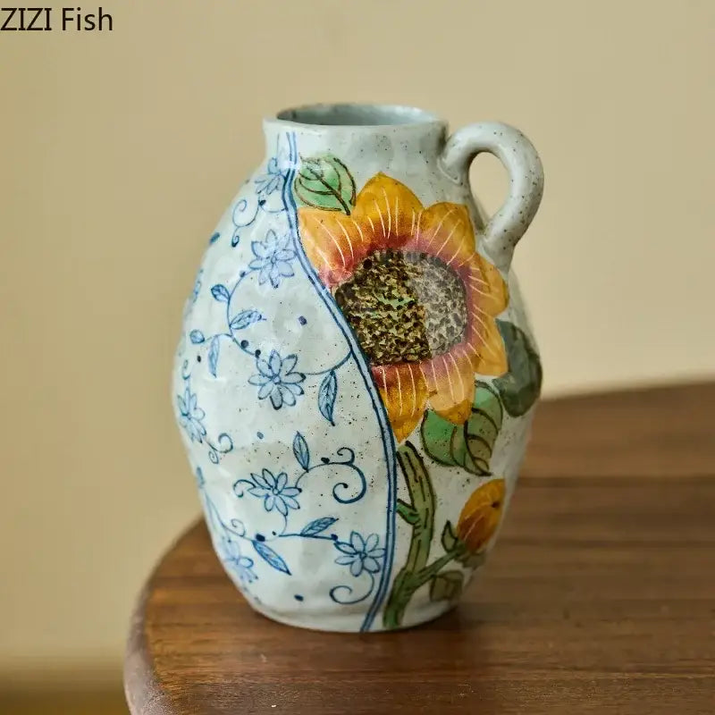 Floral hand painted ceramic vase with artificial flowers living room