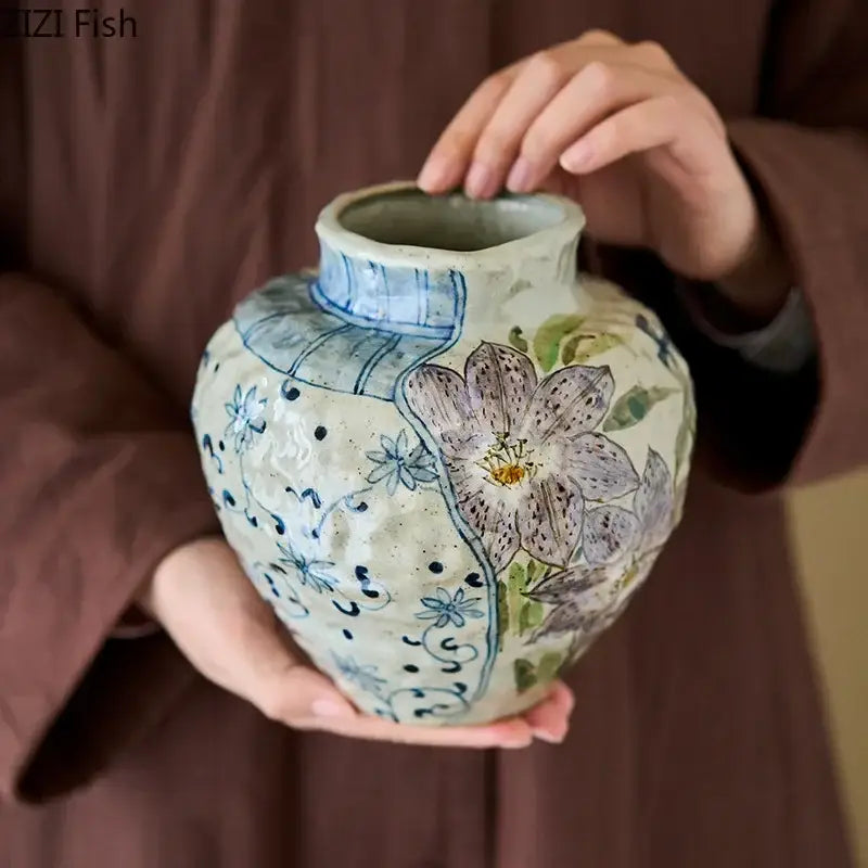 Floral hand painted ceramic vase with artificial flowers living room