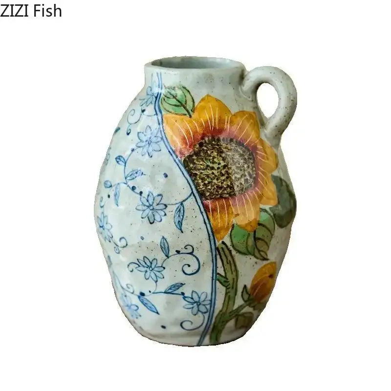 Floral hand painted ceramic vase with artificial flowers living room