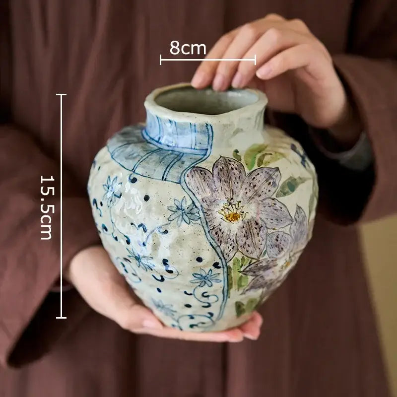 Floral hand painted ceramic vase with artificial flowers living room