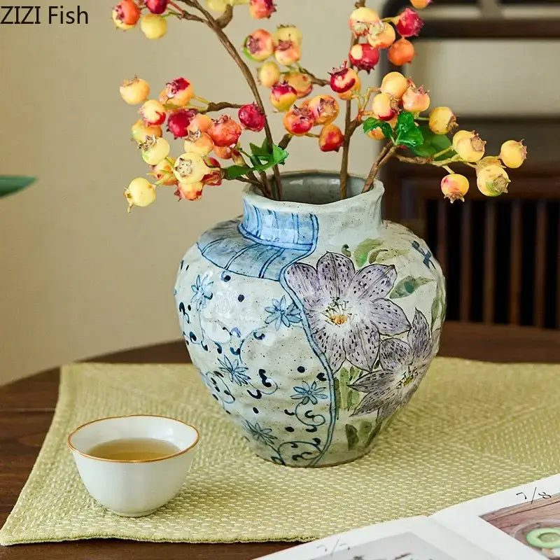 Floral hand painted ceramic vase with artificial flowers living room