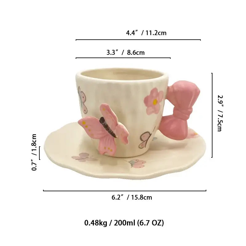 Floral pink & purple butterfly ceramic cup and saucer set dining room