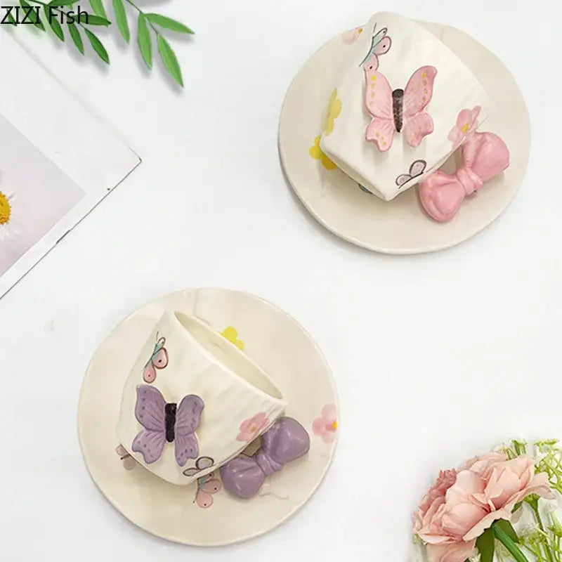 Floral pink & purple butterfly ceramic cup and saucer set dining room
