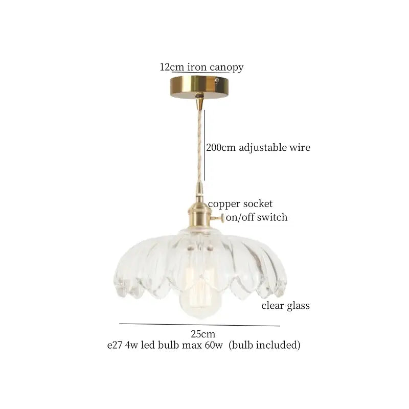 Floral red glass pendant lamp for bedroom with brass hardware