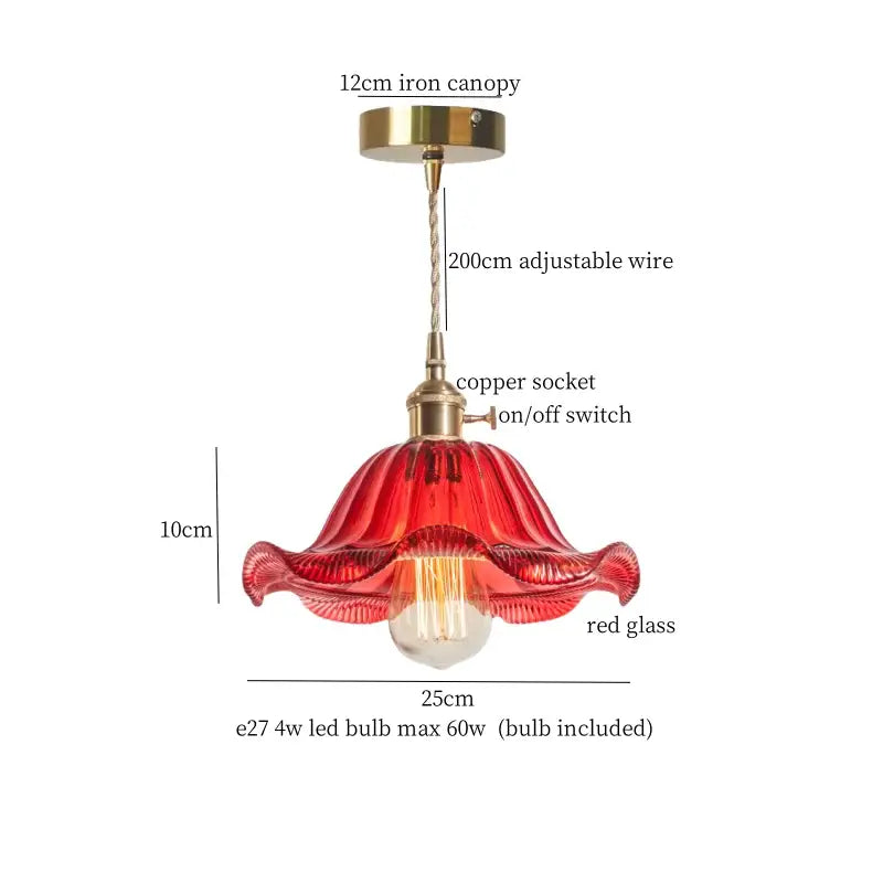 Floral red glass pendant lamp for bedroom with brass hardware