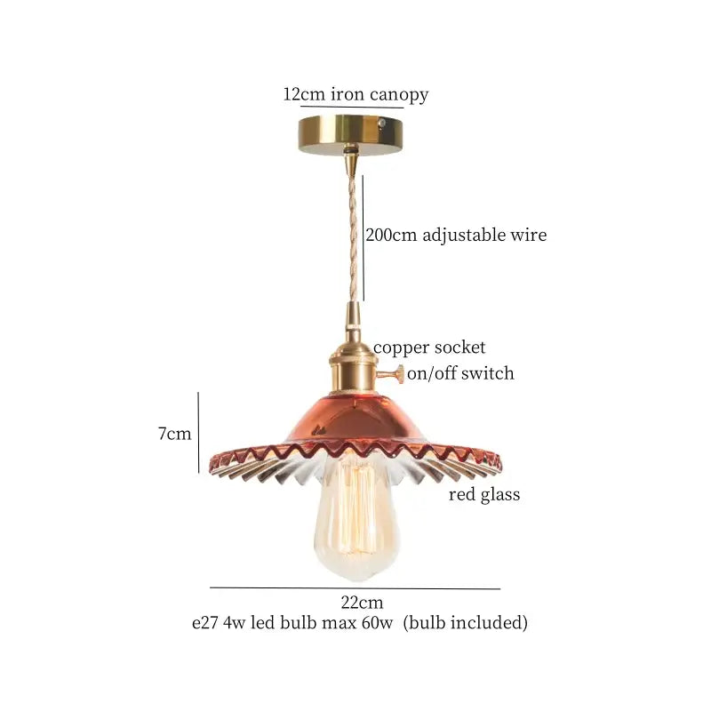 Floral red glass pendant lamp for bedroom with brass hardware