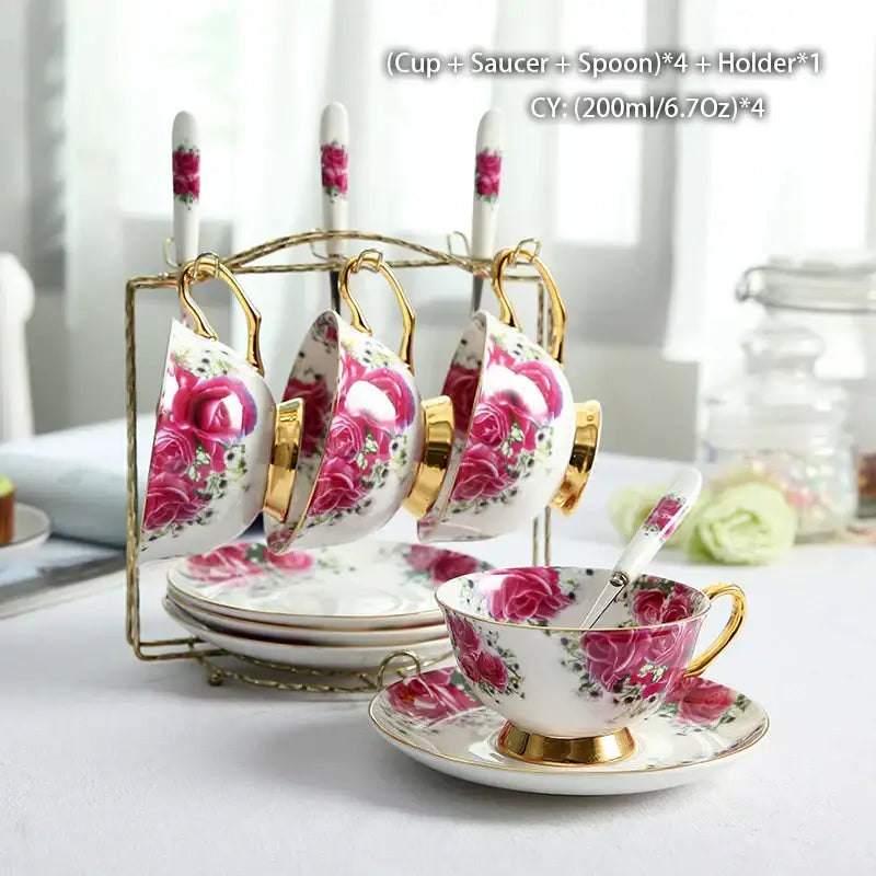 Floral red rose bone china tea set – dining room porcelain set