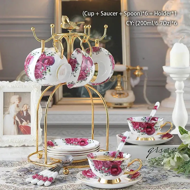 Floral red rose bone china tea set – dining room porcelain set