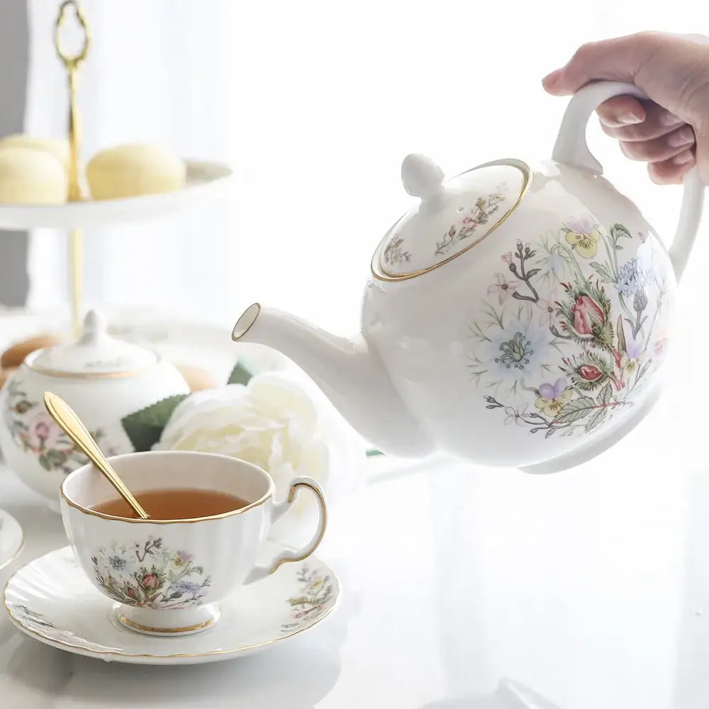 Floral white bone china tea set dining room tableware