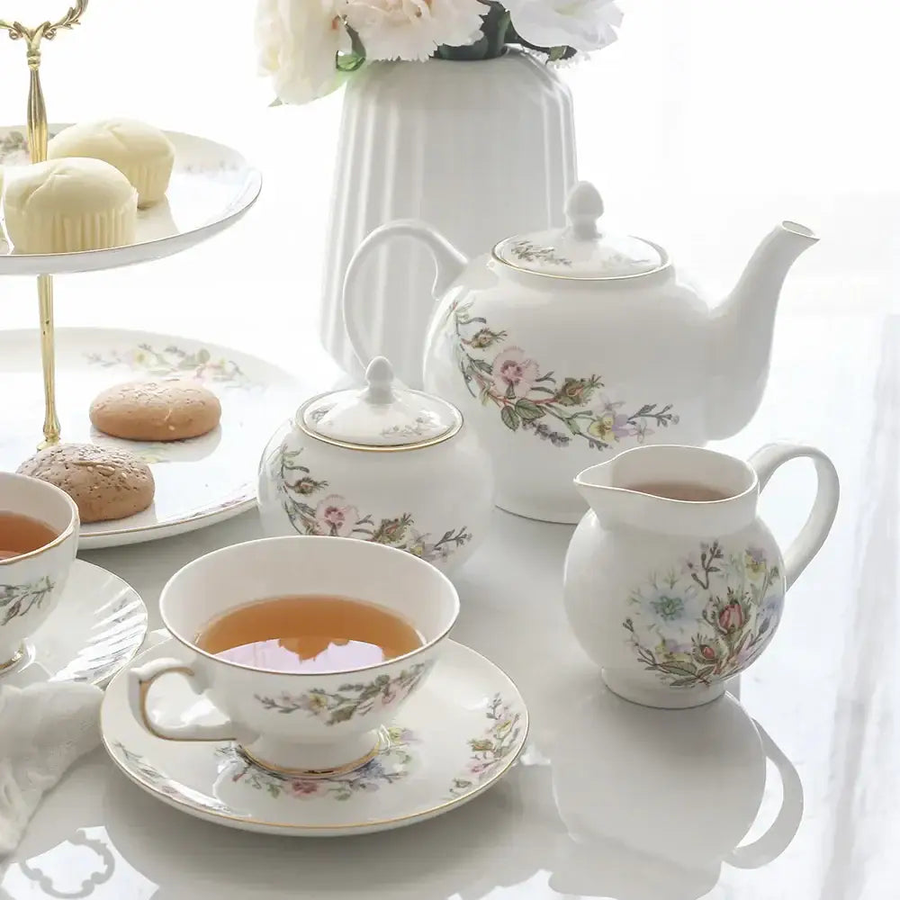 Floral white bone china tea set dining room tableware