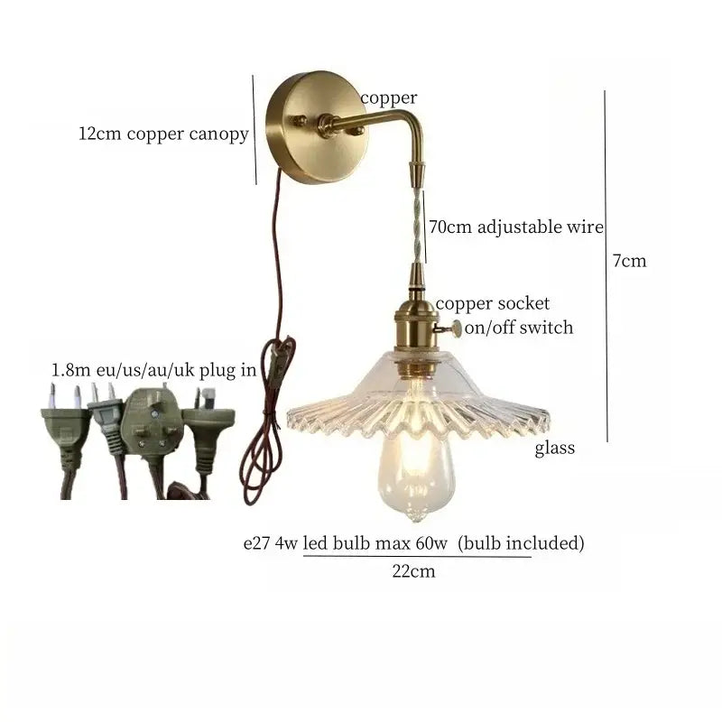 Fluted brass glass led wall sconce for bedroom