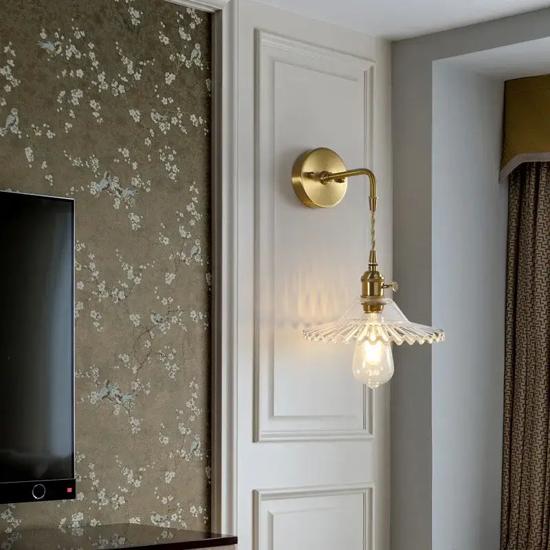 Fluted brass glass led wall sconce for bedroom