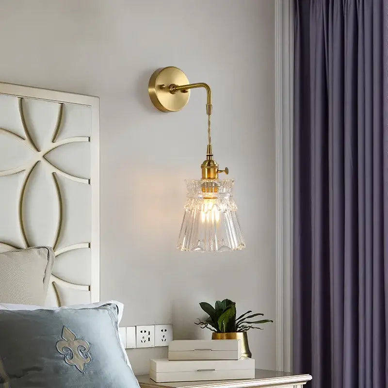 Fluted brass glass led wall sconce for bedroom