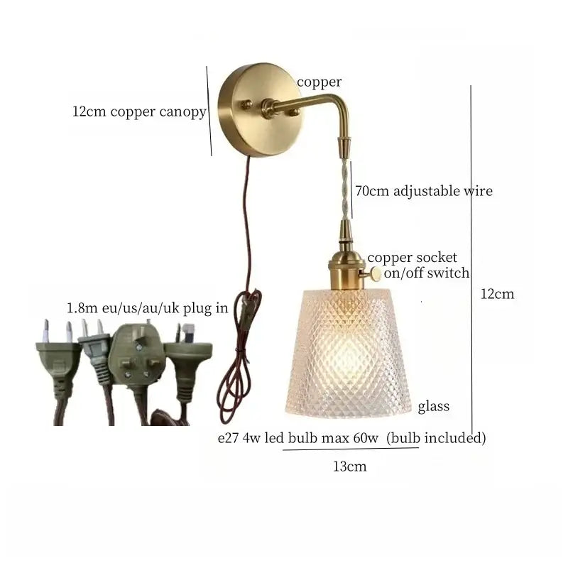 Fluted brass glass led wall sconce for bedroom