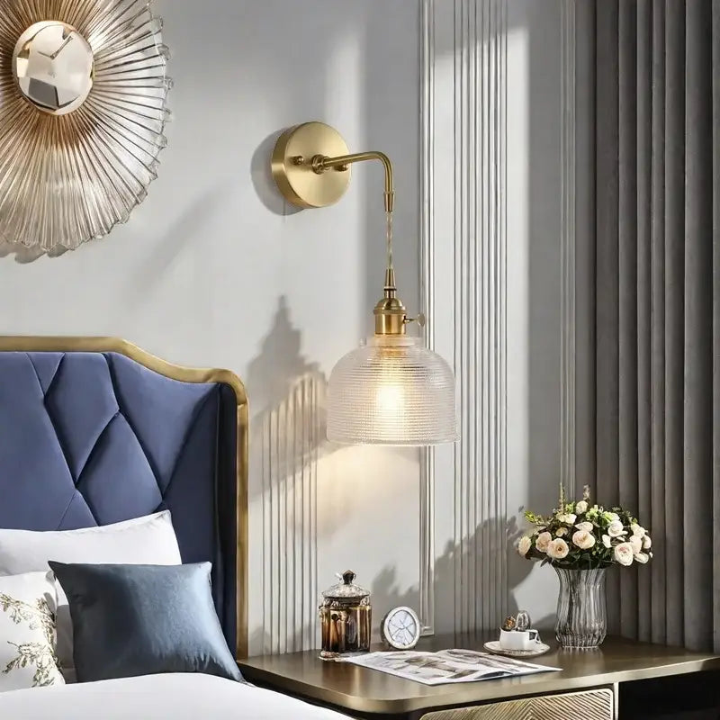 Fluted brass glass led wall sconce for bedroom
