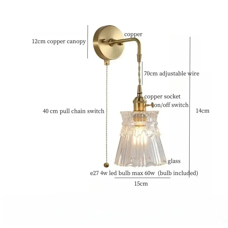 Fluted brass glass led wall sconce for bedroom
