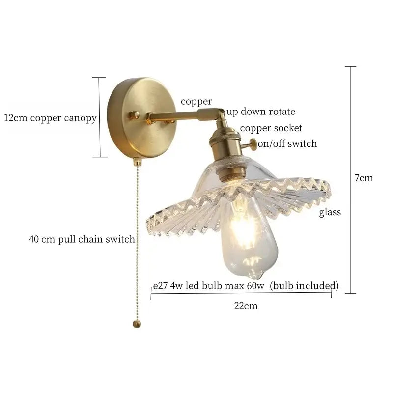 Fluted brass glass led wall sconce for bedroom