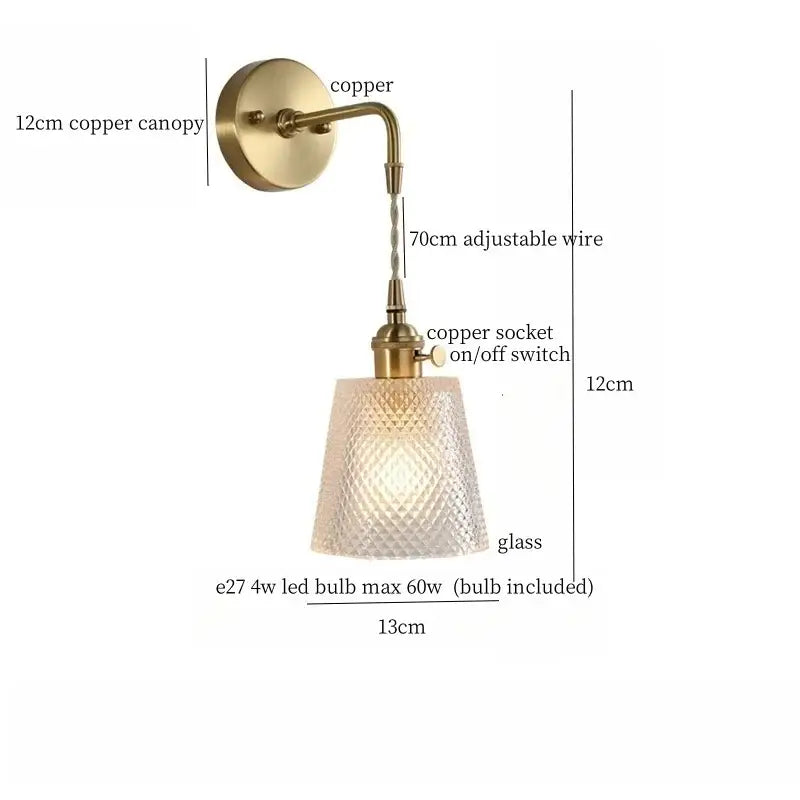 Fluted brass glass led wall sconce for bedroom