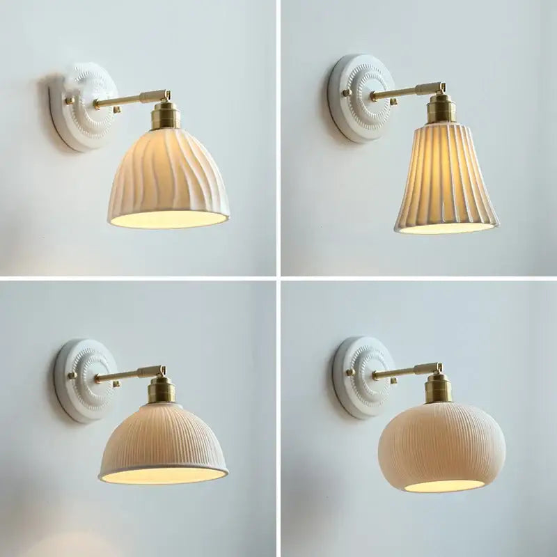 Fluted cream ceramic wall lamp with brass accents – bathroom light