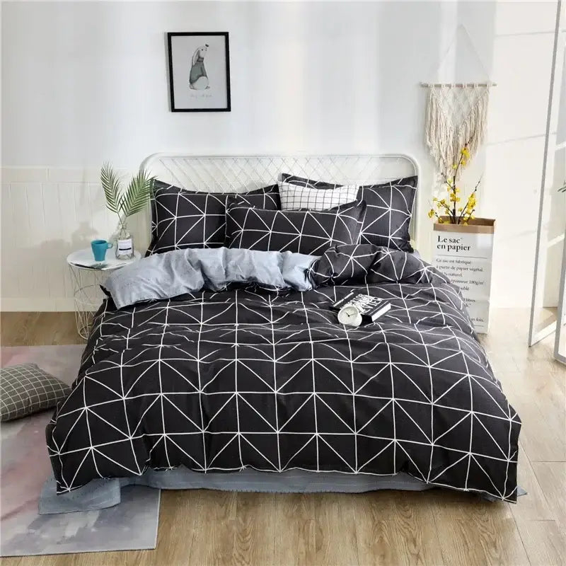 Geometric blue & white king size duvet set bedroom bedding