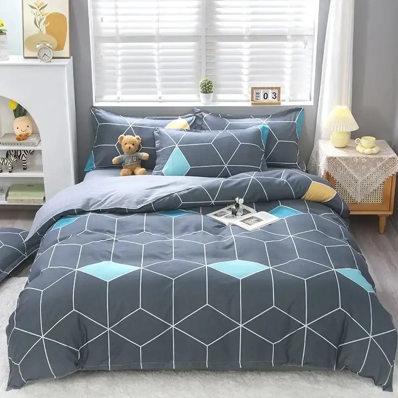 Geometric blue & white king size duvet set bedroom bedding