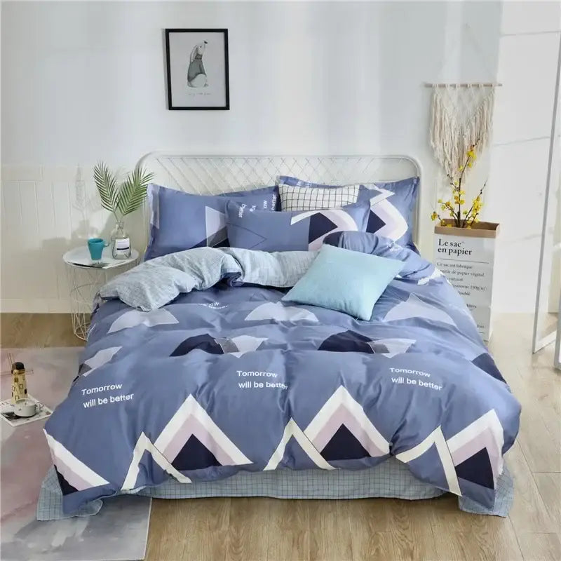 Geometric blue & white king size duvet set bedroom bedding