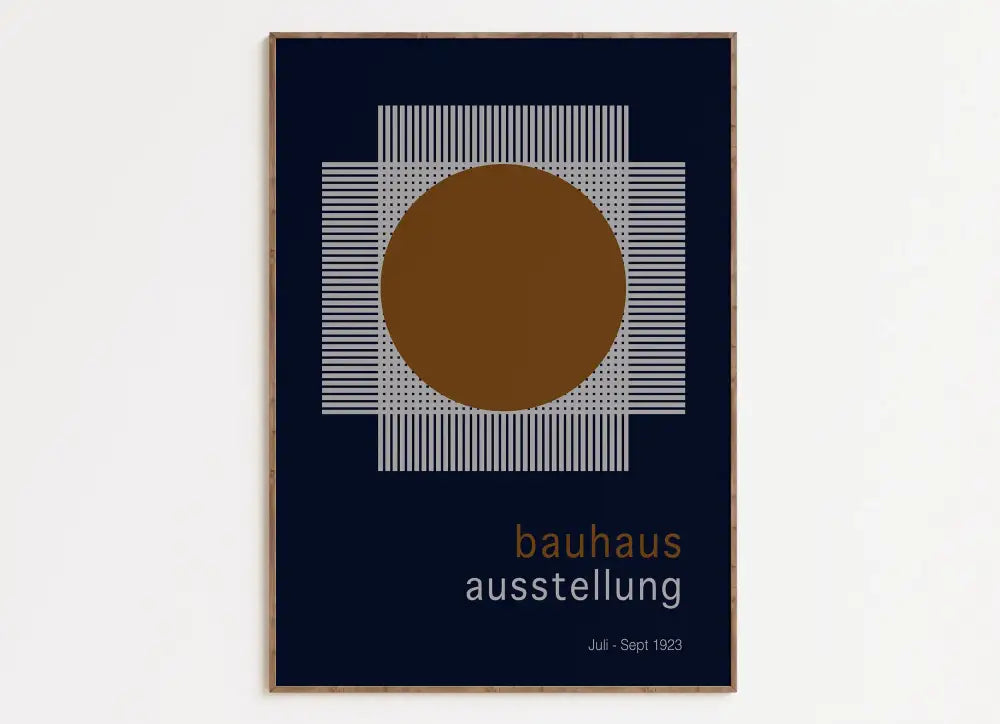 Minimalist bauhaus geometric canvas print featuring a bold brown circle on navy grid lines for home decor