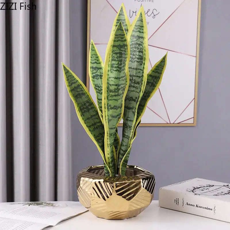 Geometric stacked ceramic vase living room gold white & black decor