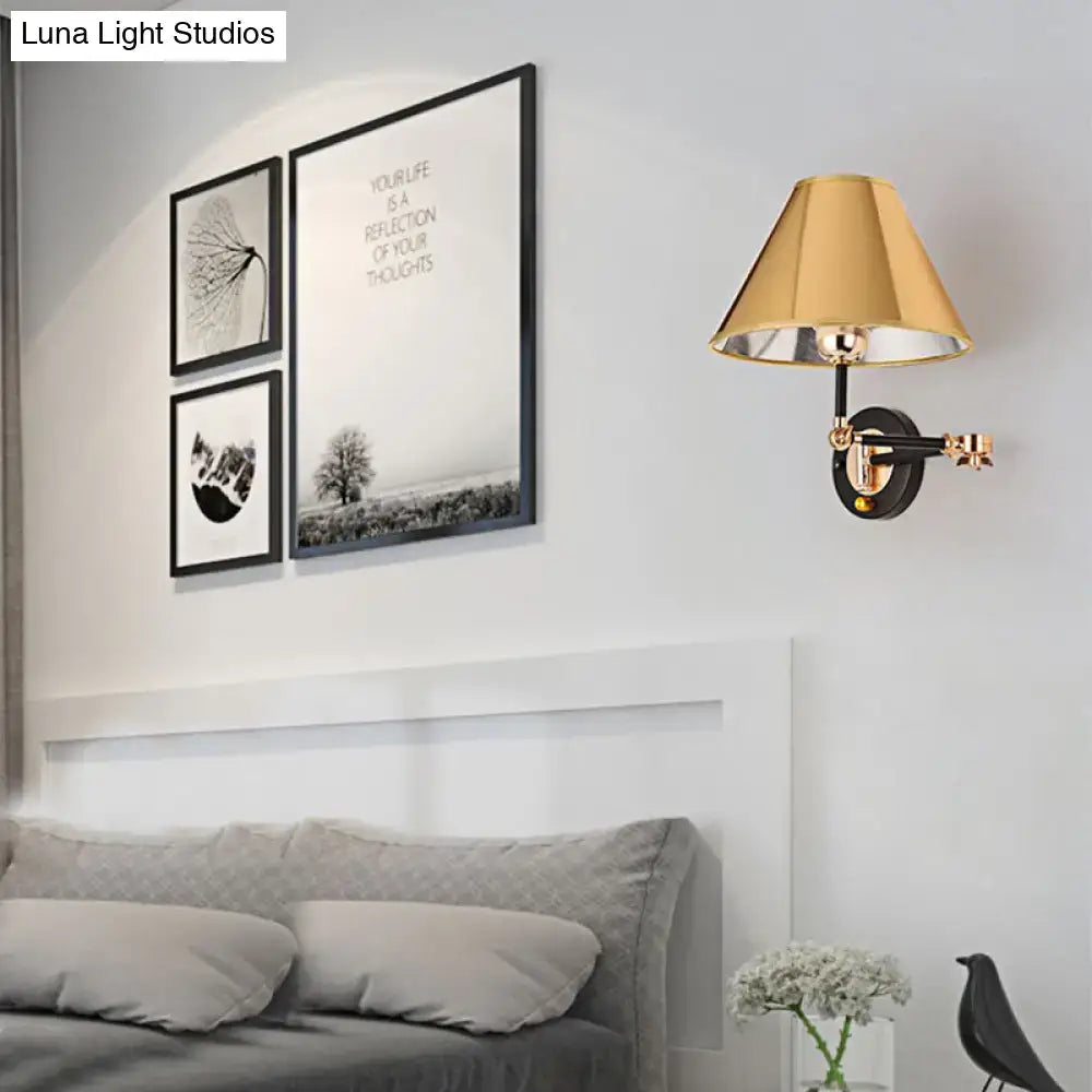 Gold and black metal cone wall light swing arm bedroom sconce