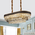 Gold and brown leather ellipse island pendant dining room crystal light