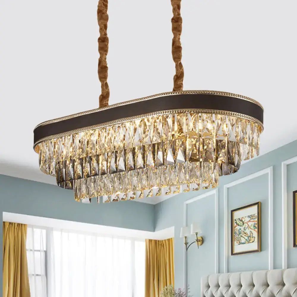 Gold and brown leather ellipse island pendant dining room crystal light