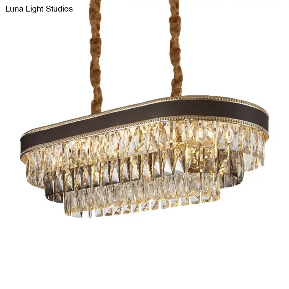 Gold and brown leather ellipse island pendant dining room crystal light