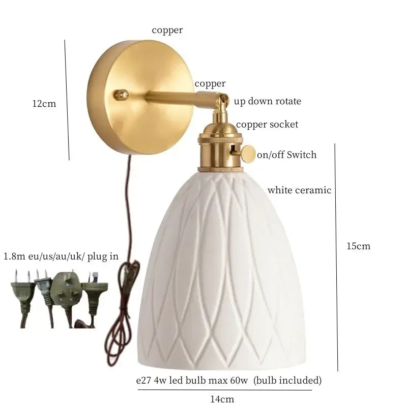 Gold and white ceramic led wall sconce with pull chain for bedroom