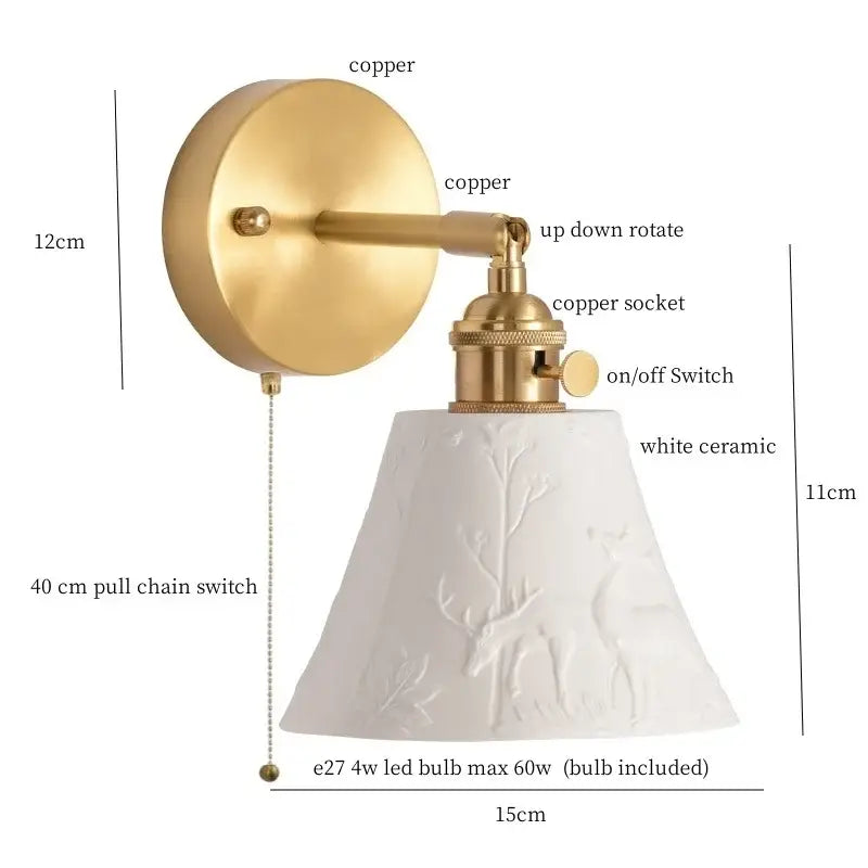 Gold and white ceramic led wall sconce with pull chain for bedroom