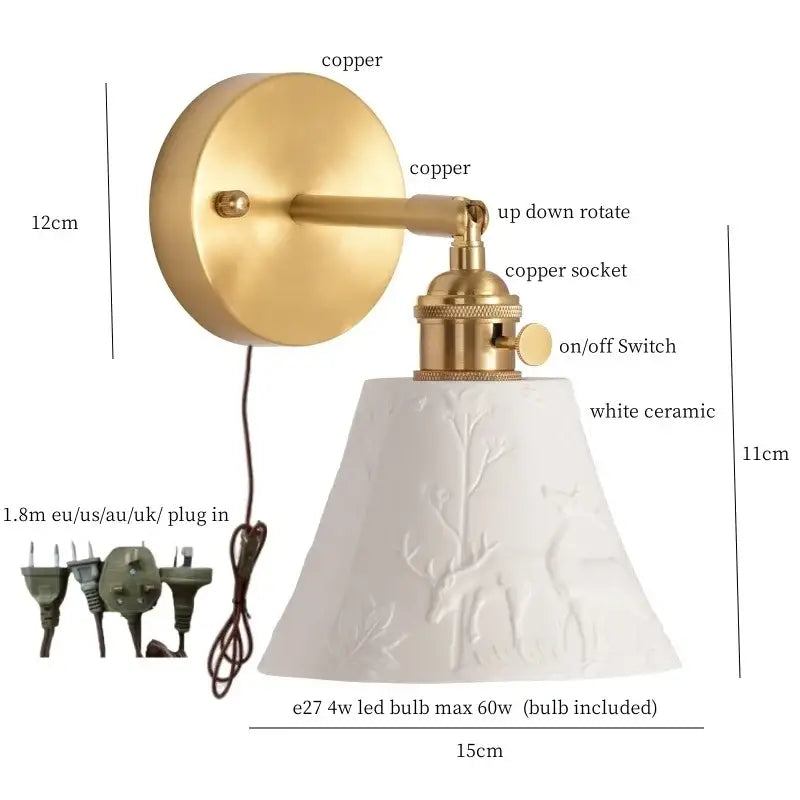 Gold and white ceramic led wall sconce with pull chain for bedroom