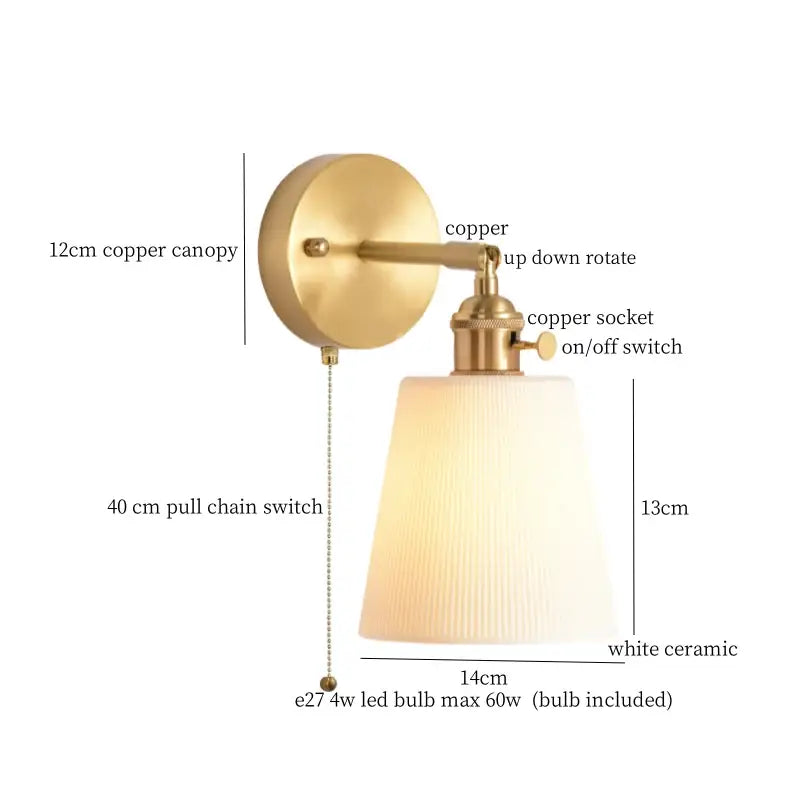 Gold and white ceramic led wall sconce with pull chain for bedroom