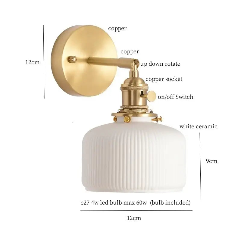 Gold and white ceramic led wall sconce with pull chain for bedroom