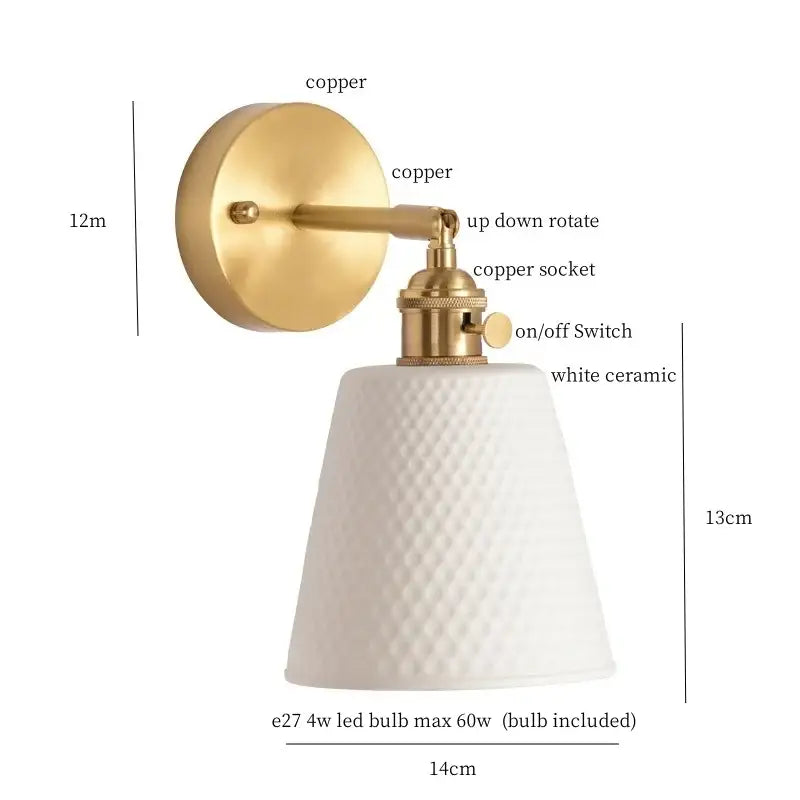 Gold and white ceramic led wall sconce with pull chain for bedroom