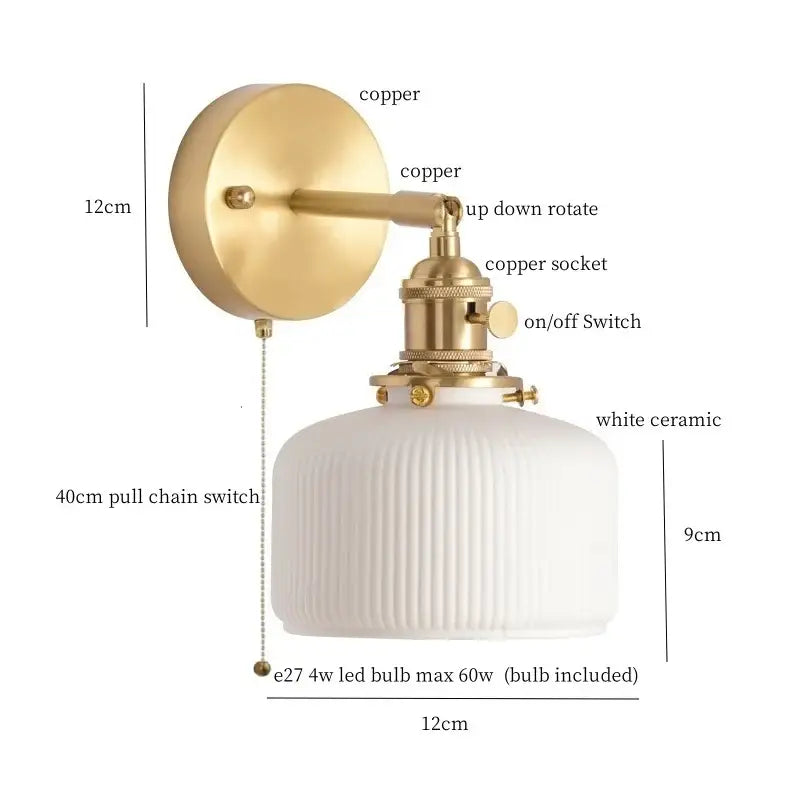 Gold and white ceramic led wall sconce with pull chain for bedroom